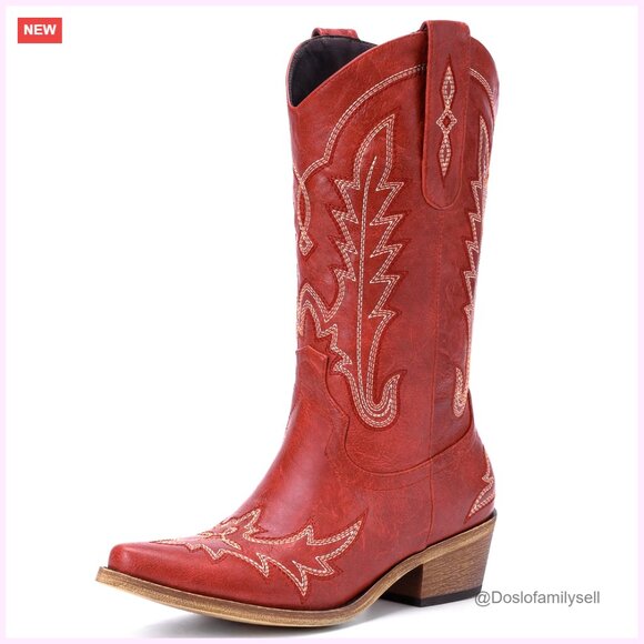 Shoes - Vintage Western Cowgirl Boots, Chunky Heel, Embroidery, Pull-On, Mid-Calf